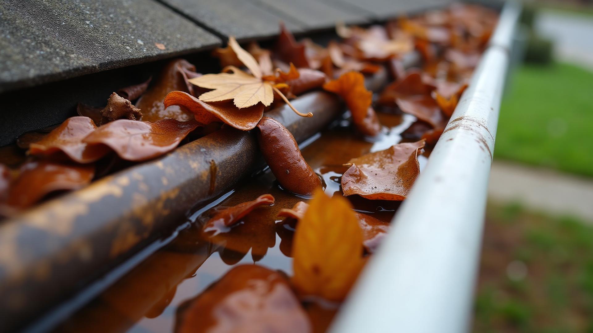Close-up of clogged Sacramento gutter filled with wet leaves after November rain