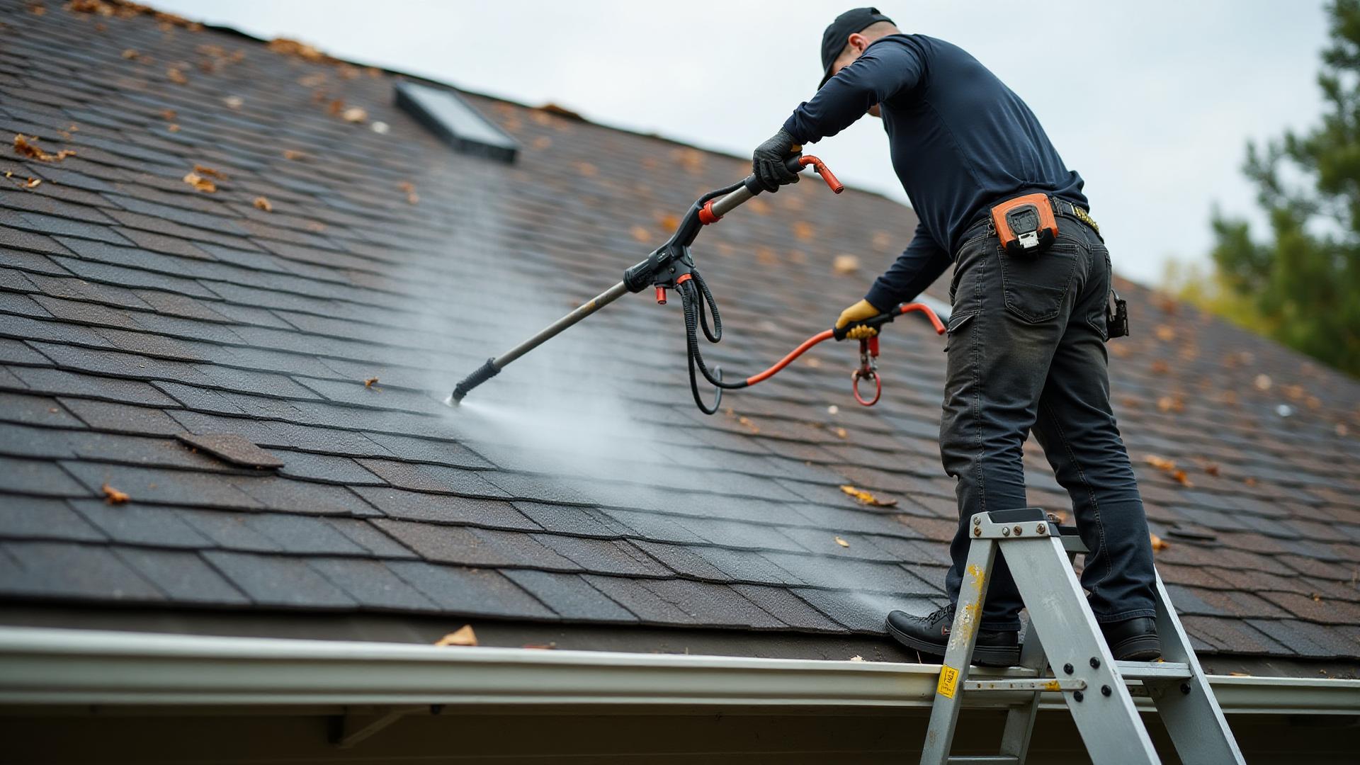 Pressure washing technician removing algae and debris from a Sacramento roof after heavy November rainfall