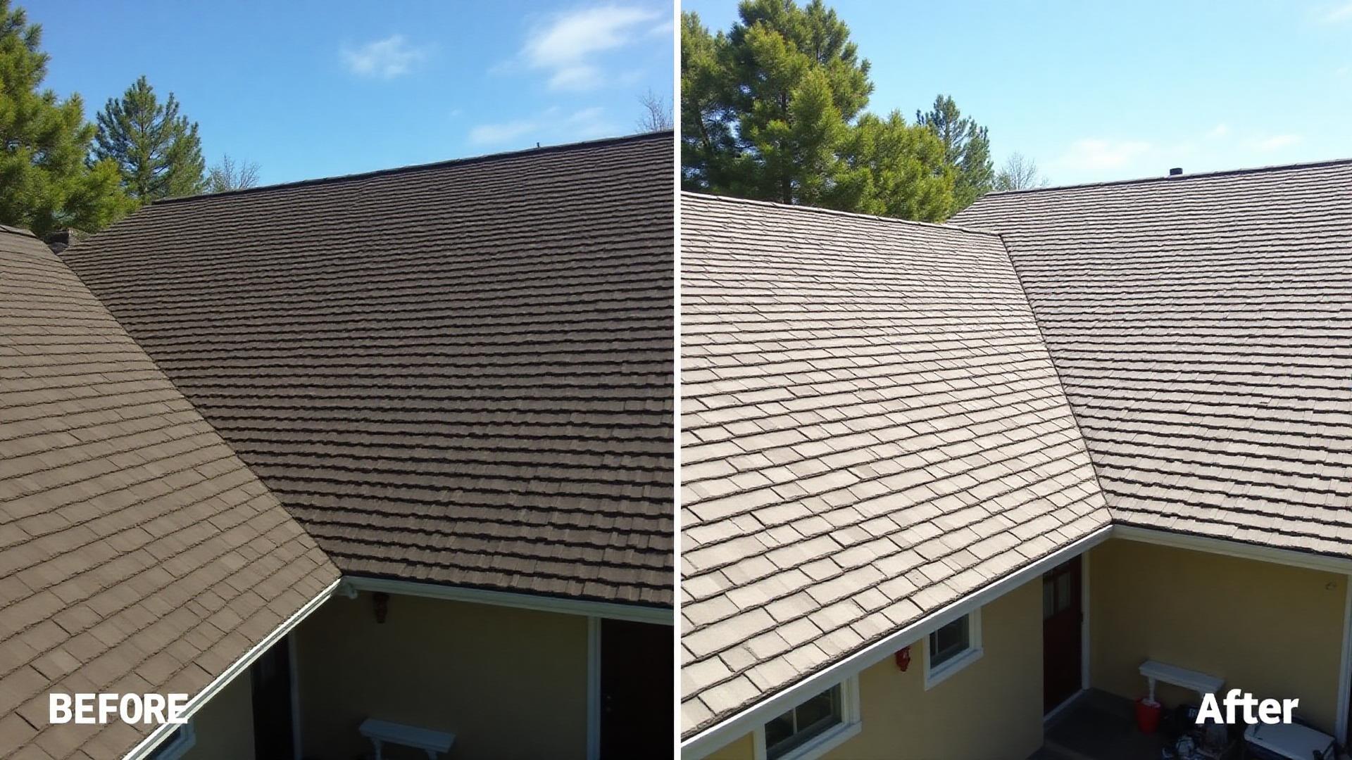 Before and after of roof cleaning in Sacramento